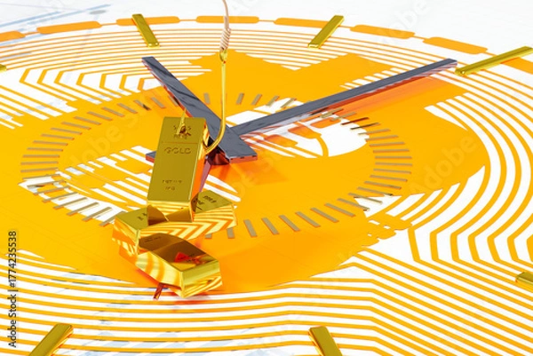 Obraz Digital time clock with gold bars, Bitcoin symbol, and electronic circuit pattern. 3D render.