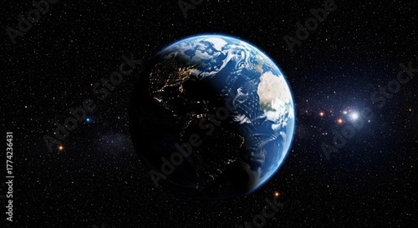Obraz Earth visualization, a planetary perspective surrounded by space, stars