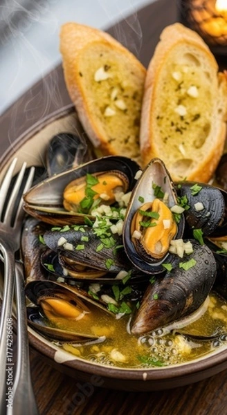Obraz Bowl of Steaming Mussels with Garlic Bread in Broth, Culinary Delights