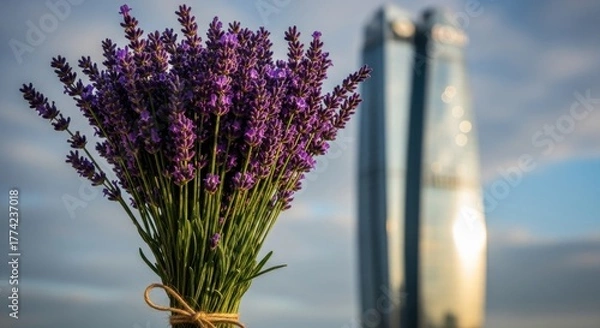 Obraz Lavender bouquet contrasted against modern urban architecture scenery, creating unique scenery
