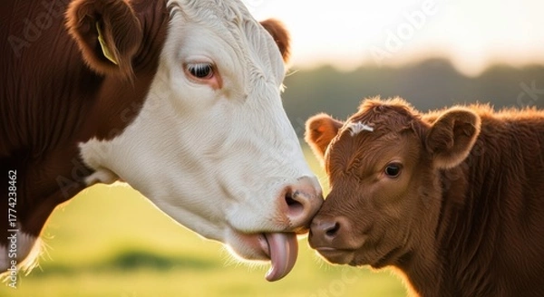 Obraz Affectionate bond: Cow gently licking its calf in a serene pastoral setting