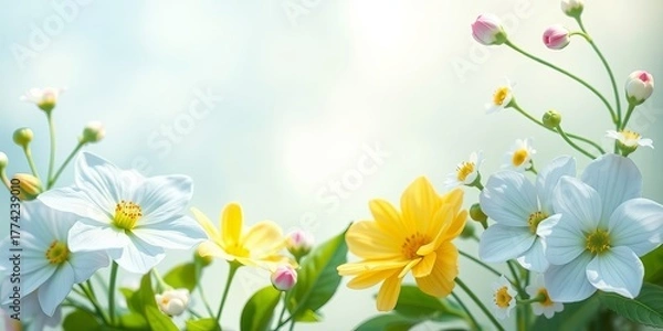 Fototapeta Softly lit flowers including yellow and white dahlias and buds arranged against a muted background create a delicate floral arrangement evoking sptime charm.