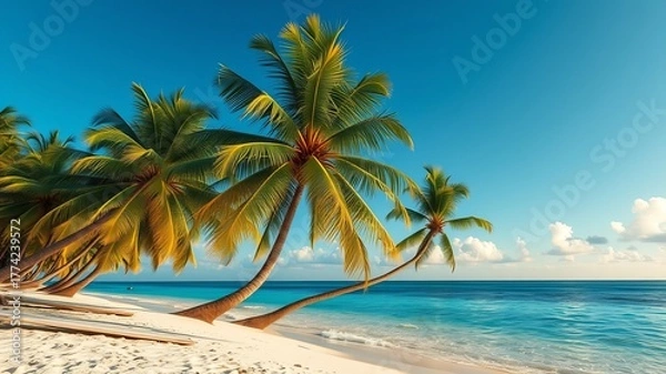 Fototapeta Palm trees sway gently in the breeze on a pristine white sand beach, overlooking the clear turquoise waters of a tropical paradise under a bright blue sky.