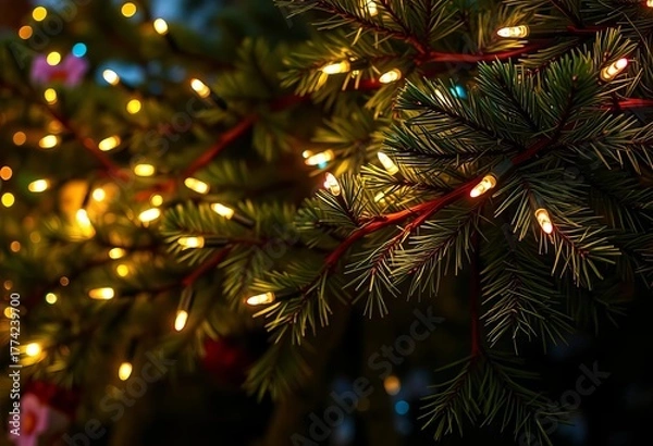 Fototapeta Twinkling fairy lights draped on evergreen branches, creating a warm, festive glow,  fairy lights,  glitter