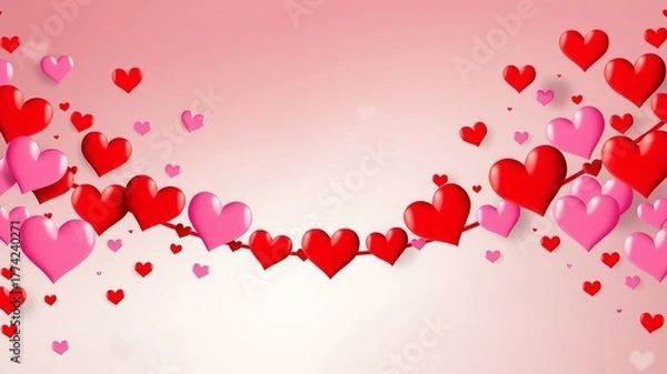 Fototapeta Romantic hearts in shades of pink and red create a beautiful Valentine's Day border against a soft gradient backdrop, perfect for expressing love and affection.
