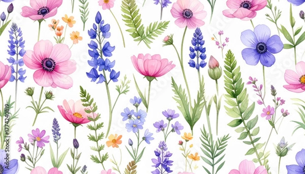 Obraz Floral Fantasy: A symphony of spring unfolds in a riot of colors, featuring delicate flowers in a watercolor style that captures the freshness of the season.