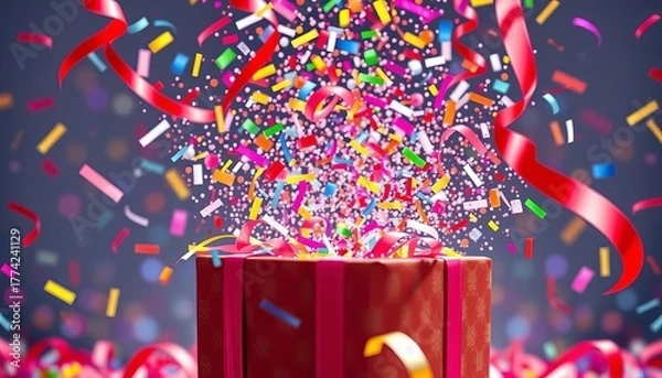 Fototapeta Vibrant confetti bursts from a opened present, ribbons cascade, artwork, balloons