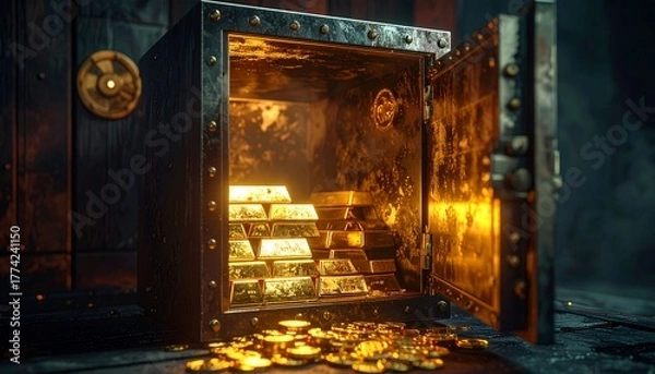 Fototapeta Shiny gold bars stacked inside an open metal vault illuminated with warm golden light, symbolizing wealth, finance, treasure, and prosperity.