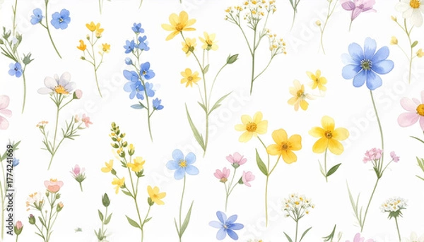 Obraz Floral Pattern: Delicate wildflowers in a soft, watercolor style, creating a seamless pattern of vibrant colors and intricate details, bringing a touch of nature's beauty to any design.