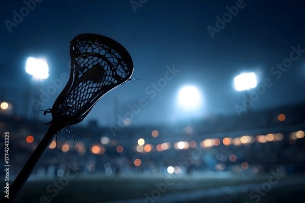 Obraz Lacrosse Stick Silhouette Against Stadium Floodlights for Athletic Sports Equipment and Game Night Photography