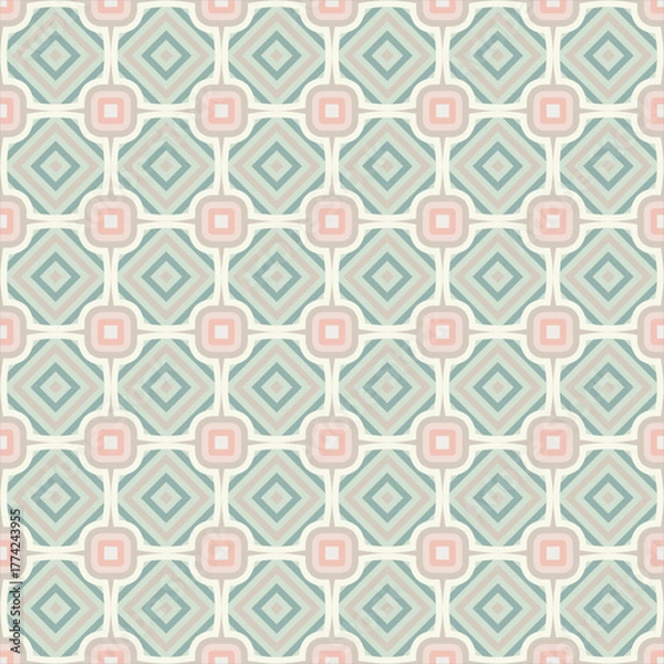 Fototapeta Elegant geometric pastel seamless pattern with soft mint green and blush pink diamond motifs, perfect for wallpaper, fabric printing, wrapping paper, and modern interior decor