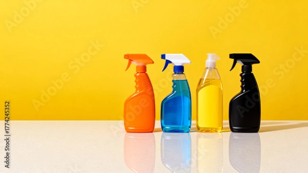 Obraz Cleaning bottles on yellow background