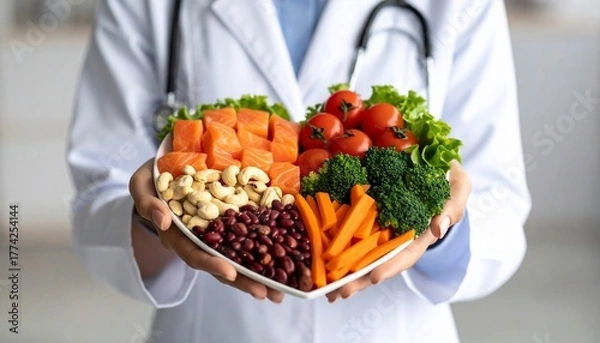 Obraz Nutritionist holding healthy food plate promoting balanced diet and wellness