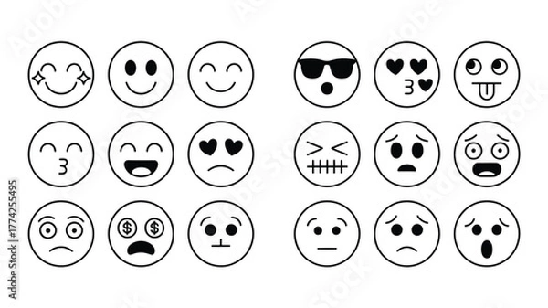 Fototapeta Dynamic collection of expressive emoji icons capturing a wide range of emotions for digital communication and creative projects.