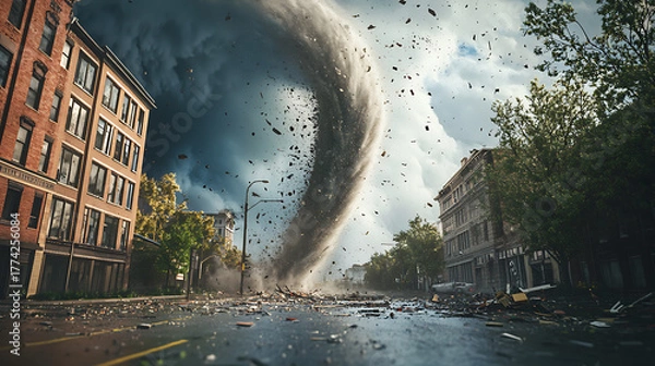Obraz Destructive tornado in urban area causing widespread damage and debris