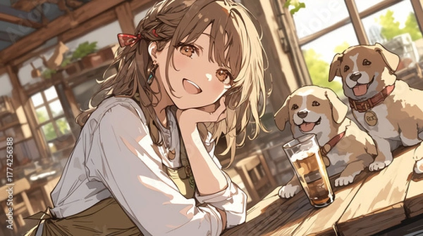 Fototapeta カフェで笑顔の女性と子犬たち　やさしい光に包まれたアニメイラスト