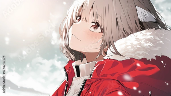 Obraz 雪の中で空を見上げる少女　赤いコートが映える冬のアニメイラスト