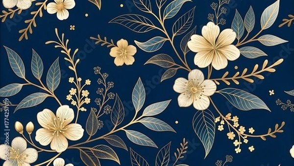 Fototapeta Elegant floral pattern with golden branches and delicate white blossoms on a navy blue background creating a sophisticated and luxurious design
