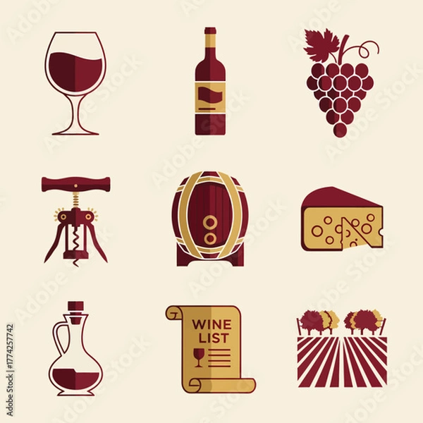 Fototapeta Wine collection featuring glass, bottle, grapes, corkscrew, barrel, cheese, decanter, wine list, and vineyard represents the art of winemaking and tasting, perfect for connoisseurs.