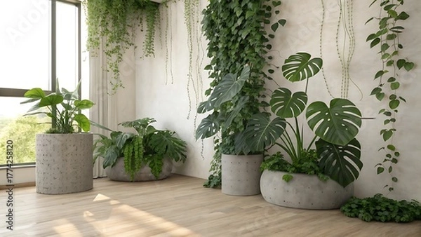 Fototapeta Indoor jungle of various green plants in modern concrete planters creates a serene and natural atmosphere bringing the outdoors in for a relaxing ambiance