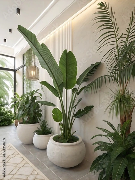 Fototapeta Indoor tropical plants in white pots create a serene and stylish living space enhancing the interior decor