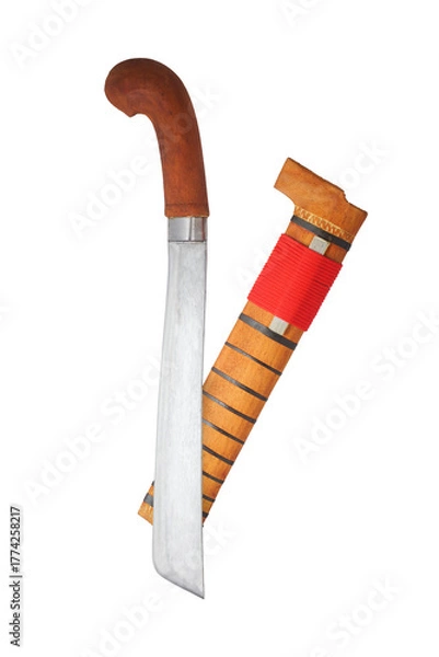 Fototapeta wooden machete and sheath, knife and machete cutting tools with satin and mirror blade materials