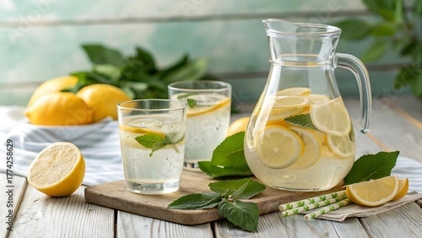 Fototapeta Refreshing homemade lemonade with fresh lemons and mint served in a glass pitcher and glasses on rustic wooden table a perfect summer drink
