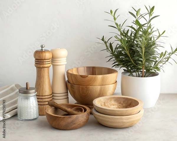 Fototapeta Wooden Bowls and Kitchen Utensils Arranged with a Small Potted Plant on a Countertop Surface Still Life