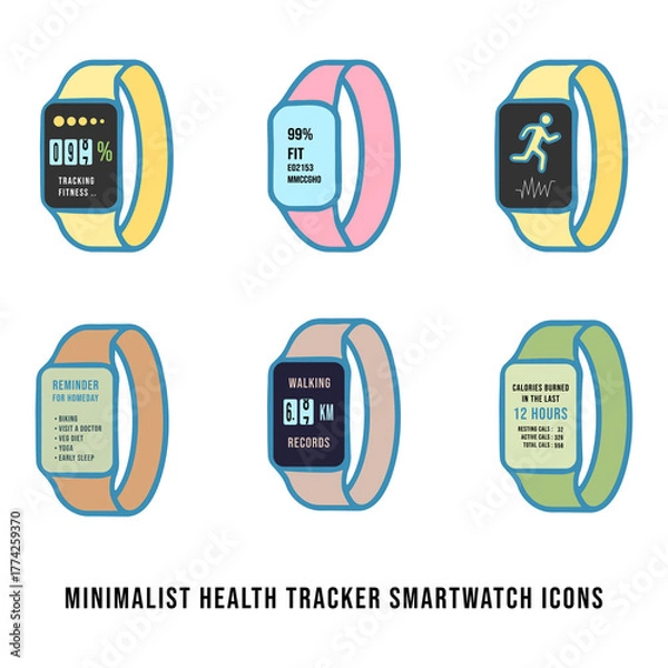 Fototapeta Minimalist Health Tracker Smartwatch Icons – Flat Vector Set for Wellness & Fitness UI