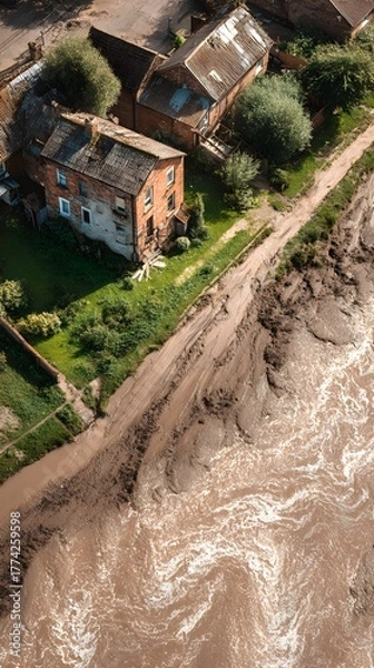 Fototapeta Rising Tide of Disaster: Flooded Residential Area with Water Flowing Between Houses