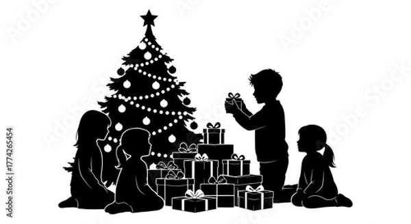 Fototapeta Silhouettes of happy children gather around a beautifully decorated Christmas tree, eagerly unwrapping festive presents during a joyful holiday celebration.