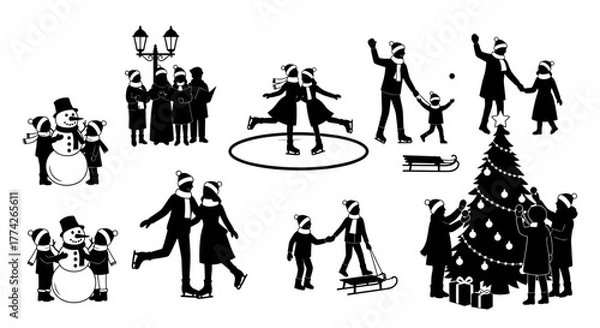 Fototapeta A charming collection of black silhouette illustrations depicting joyful families and couples celebrating various beloved winter and Christmas holiday activities.