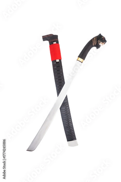 Fototapeta wooden machete and sheath, knife and machete cutting tools with satin and mirror blade materials
