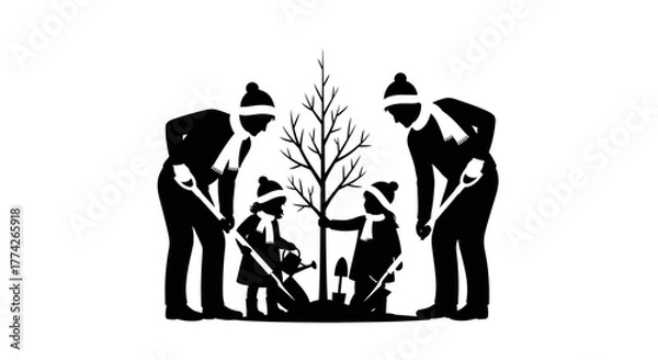 Fototapeta A heartwarming silhouette depicts a family, including two adults and two children, actively planting a young tree together, symbolizing environmental stewardship and generational care.