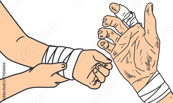 Fototapeta Old Injured Hand and Helping Hand Bandage Vector. Vector illustration of injured human hands with bandages. Perfect for first aid, healthcare, medical care, or safety concepts