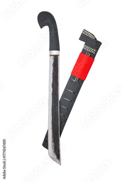 Fototapeta wooden machete and sheath, knife and machete cutting tools with satin and mirror blade materials