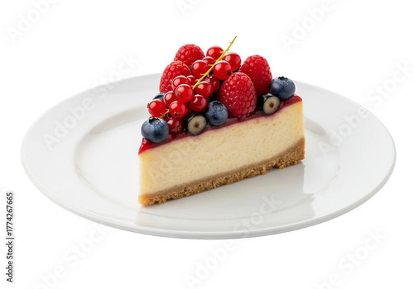 Obraz Slice of delicious cheesecake dessert with fresh red berries and cream on a plate