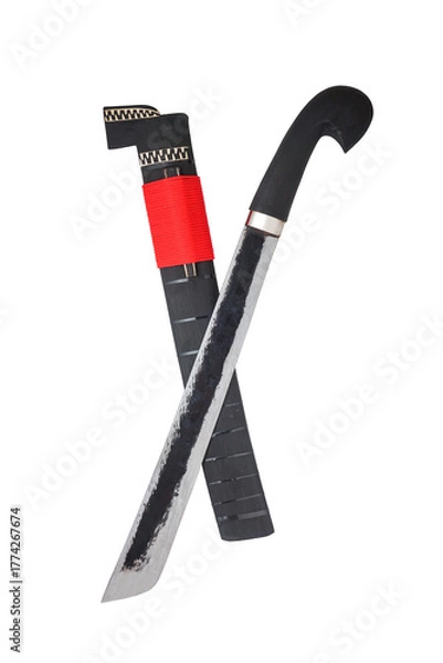 Fototapeta wooden machete and sheath, knife and machete cutting tools with satin and mirror blade materials