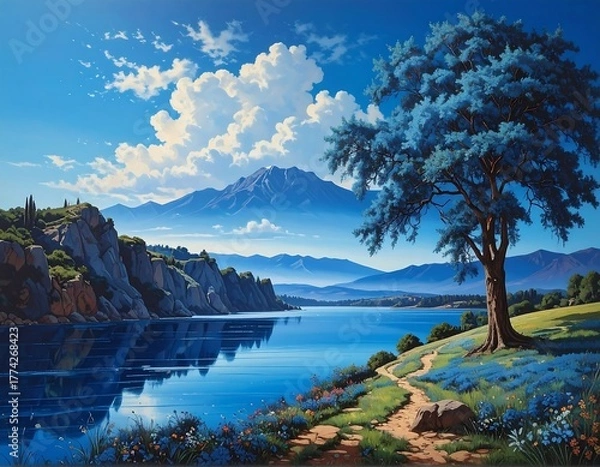 Obraz Scenic landscape with blue tree, lake, mountains, and blue sky