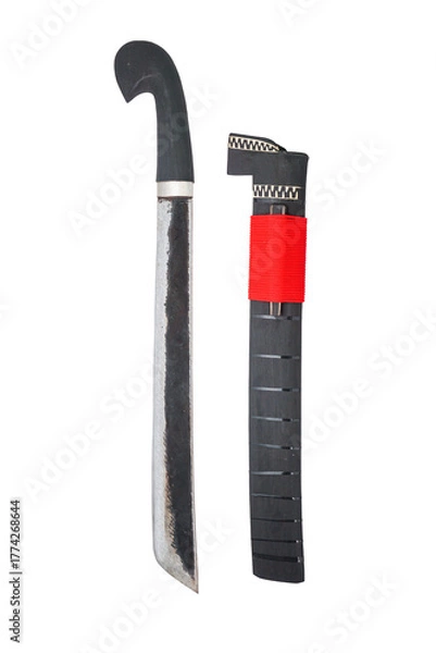 Fototapeta wooden machete and sheath, knife and machete cutting tools with satin and mirror blade materials