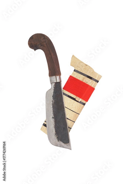 Fototapeta wooden machete and sheath, knife and machete cutting tools with satin and mirror blade materials