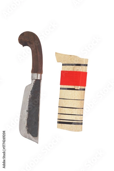 Fototapeta wooden machete and sheath, knife and machete cutting tools with satin and mirror blade materials