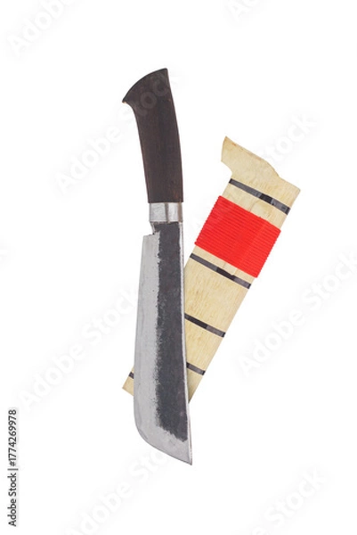 Fototapeta wooden machete and sheath, knife and machete cutting tools with satin and mirror blade materials