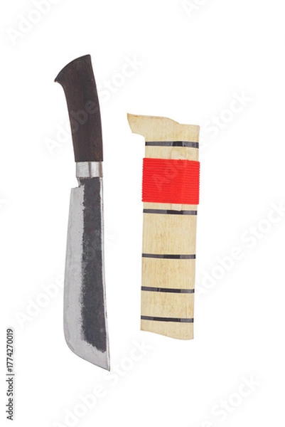 Fototapeta wooden machete and sheath, knife and machete cutting tools with satin and mirror blade materials