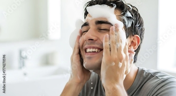 Obraz Man Cleansing Face with Foam for Healthy Skin.