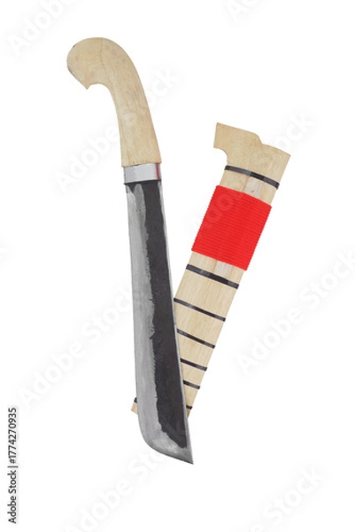 Fototapeta wooden machete and sheath, knife and machete cutting tools with satin and mirror blade materials