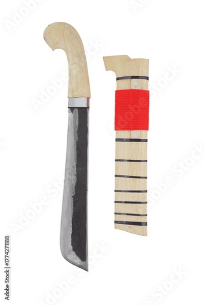 Fototapeta wooden machete and sheath, knife and machete cutting tools with satin and mirror blade materials