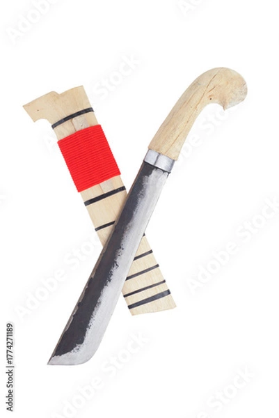 Fototapeta wooden machete and sheath, knife and machete cutting tools with satin and mirror blade materials