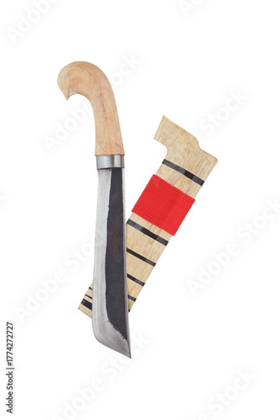 Fototapeta wooden machete and sheath, knife and machete cutting tools with satin and mirror blade materials