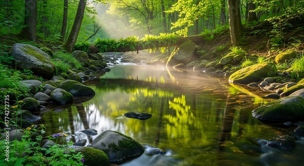 Obraz Tranquil Forest Stream - Sunlight and Reflection in Nature.